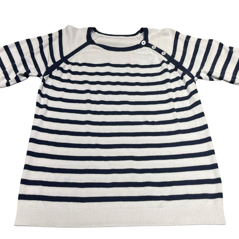 Nautica Womens White & Navy Horizontal Striped Nautrical Sweater 3 Buttons Large